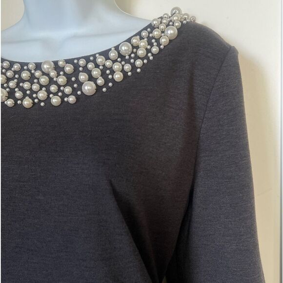 Leslie Fay Pearl Embellished Gray Winter Sheath Dress Size 16 - Picture 6 of 10